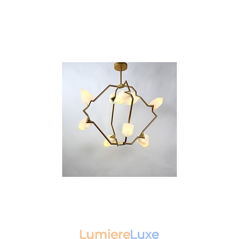Lustre moderne à neuf lampes en métal et verre couleur pêche, lampe suspendue décorative pour cantine