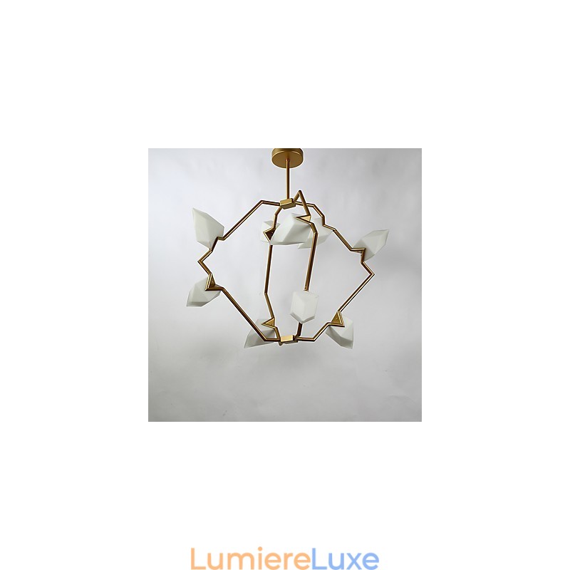 Lustre moderne à neuf lampes en métal et verre couleur pêche, lampe suspendue décorative pour cantine