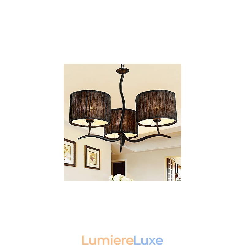 Lustre classique traditionnel à 3 lumières avec abat-jour tambour en tissu simple