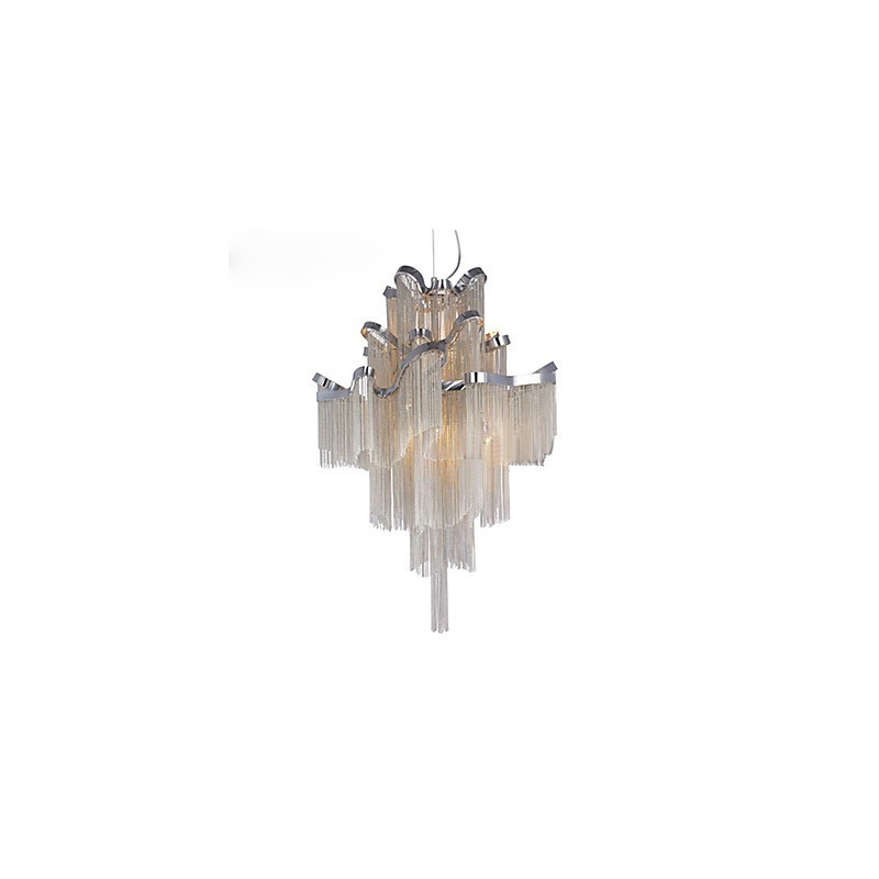 Lustre design en aluminium Stream, luminaire suspendu argenté, escalier en colimaçon