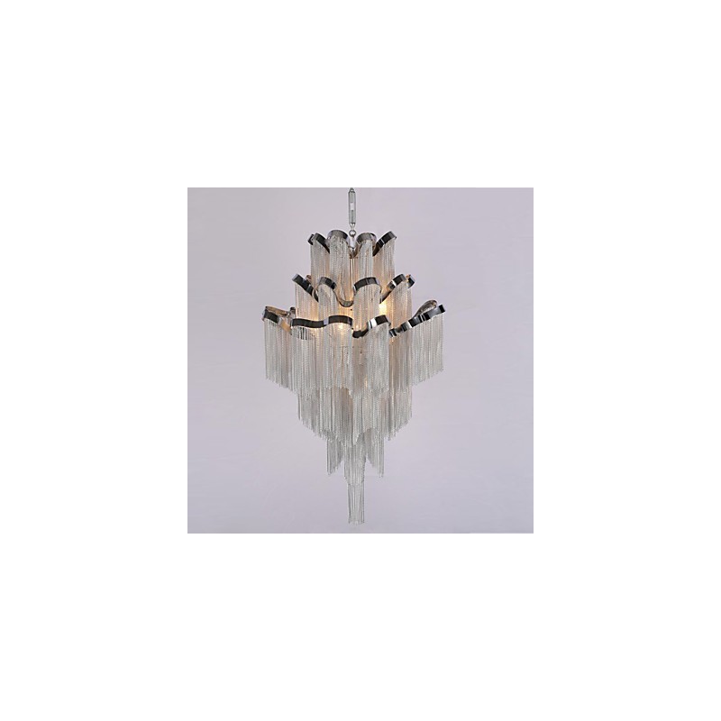 Lustre design en aluminium Stream, luminaire suspendu argenté, escalier en colimaçon