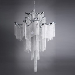 Lustre design en aluminium Stream, luminaire suspendu argenté, escalier en colimaçon