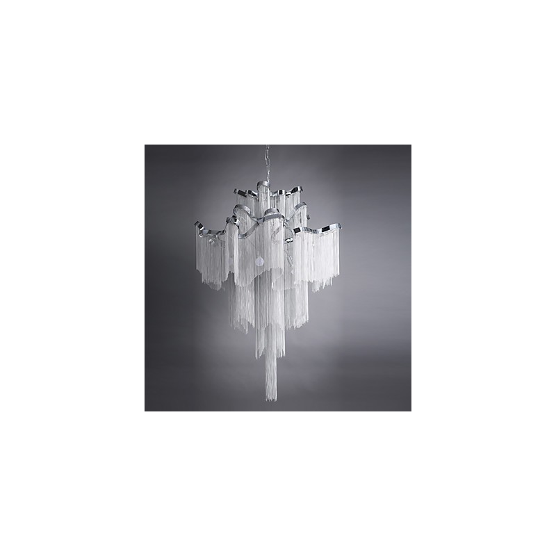 Lustre design en aluminium Stream, luminaire suspendu argenté, escalier en colimaçon