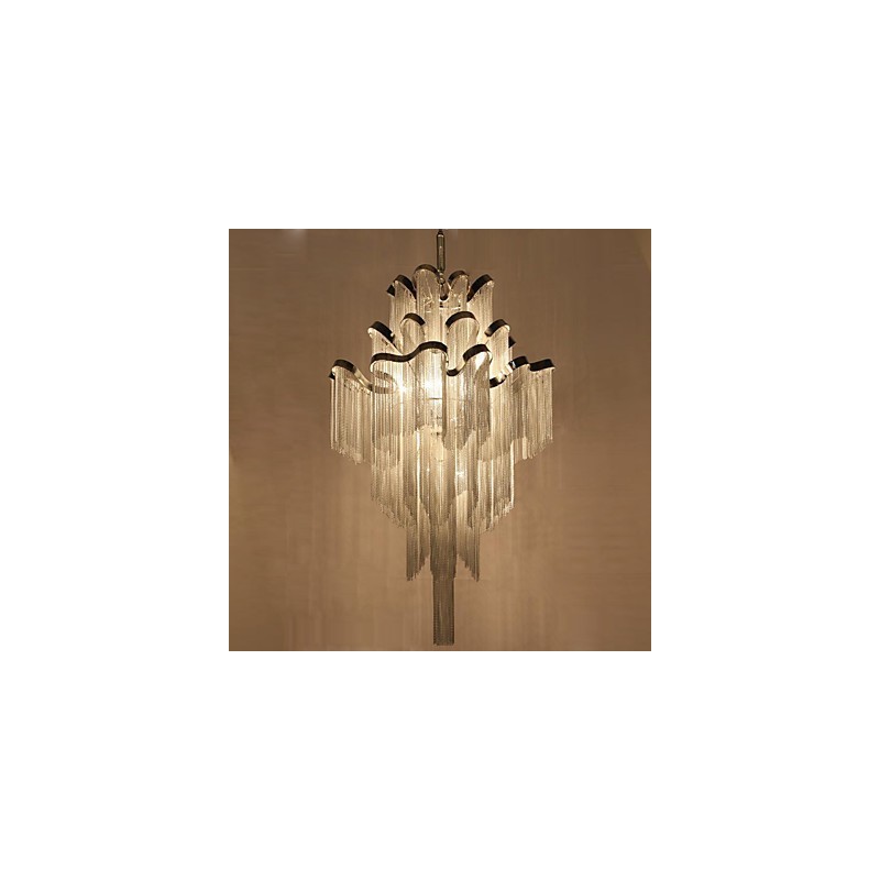 Lustre design en aluminium Stream, luminaire suspendu argenté, escalier en colimaçon