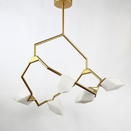 Lustre moderne à cinq lampes en métal et verre couleur pêche, lampe suspendue décorative Canteen