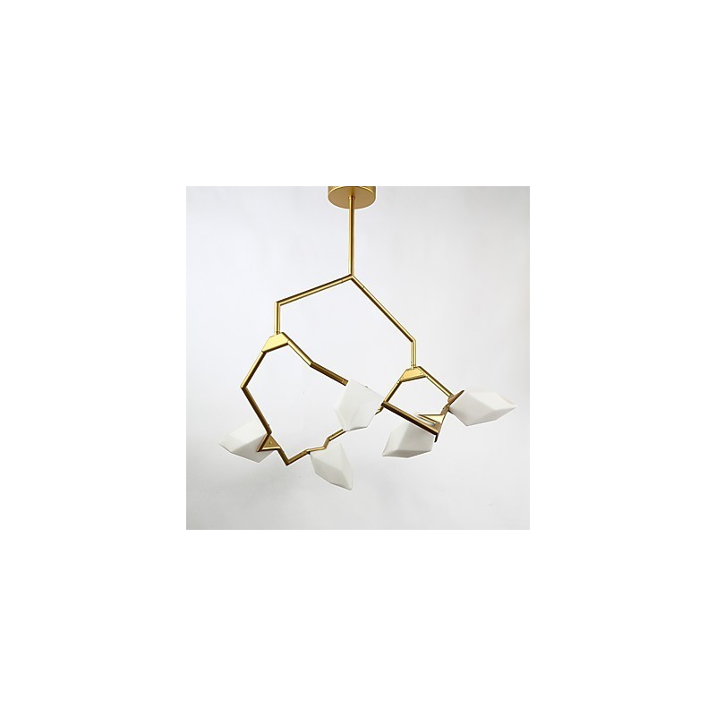 Lustre moderne à cinq lampes en métal et verre couleur pêche, lampe suspendue décorative Canteen