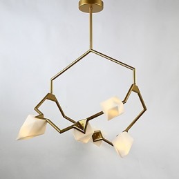 Lustre moderne à cinq lampes en métal et verre couleur pêche, lampe suspendue décorative Canteen