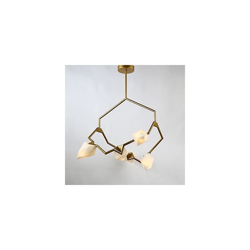 Lustre moderne à cinq lampes en métal et verre couleur pêche, lampe suspendue décorative Canteen