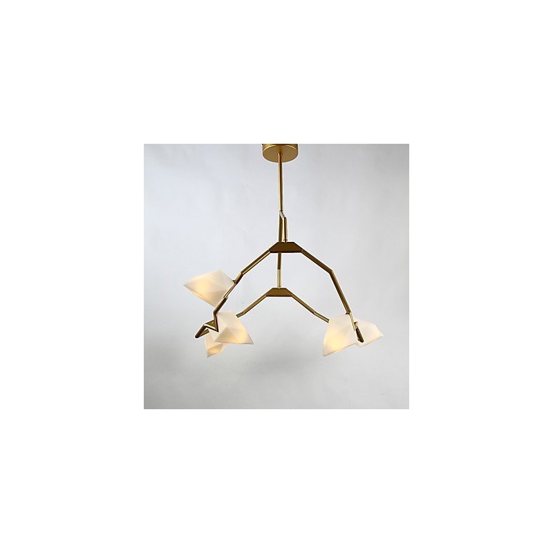 Lustre moderne à cinq lampes en métal et verre couleur pêche, lampe suspendue décorative Canteen