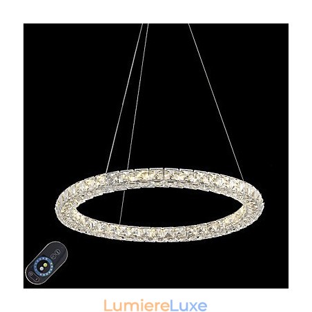 Plafonnier suspendu en cristal moderne avec anneau, éclairage d'intérieur à intensité variable et télécommande Plafonnier suspendu en cristal moderne avec anneau, éclairage d'intérieur à intensité variable et télécommande