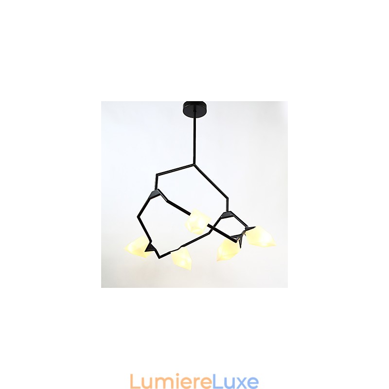 Lustre moderne à cinq lampes en métal et verre couleur pêche, lampe suspendue décorative Canteen