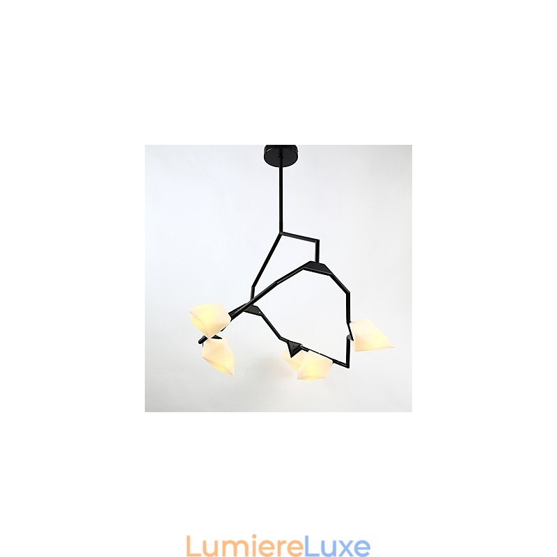 Lustre moderne à cinq lampes en métal et verre couleur pêche, lampe suspendue décorative Canteen