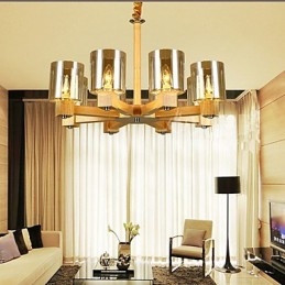 Lampe à suspension tendance avec couvercle en bois et verre