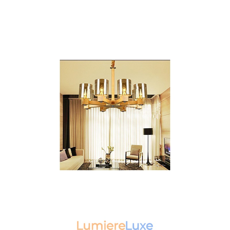 Lampe à suspension tendance avec couvercle en bois et verre