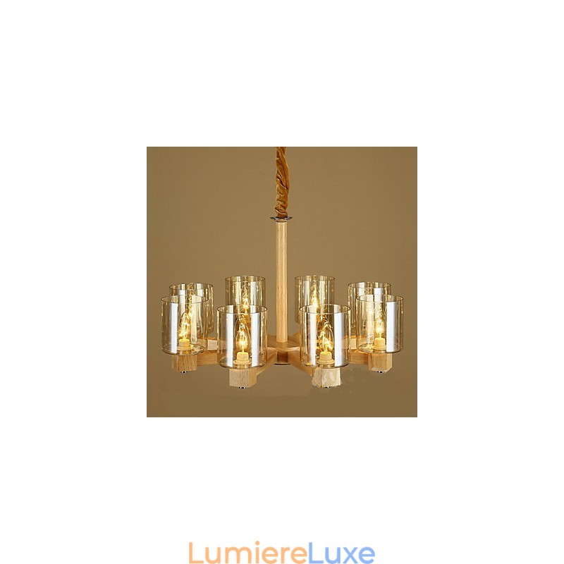 Lampe à suspension tendance avec couvercle en bois et verre