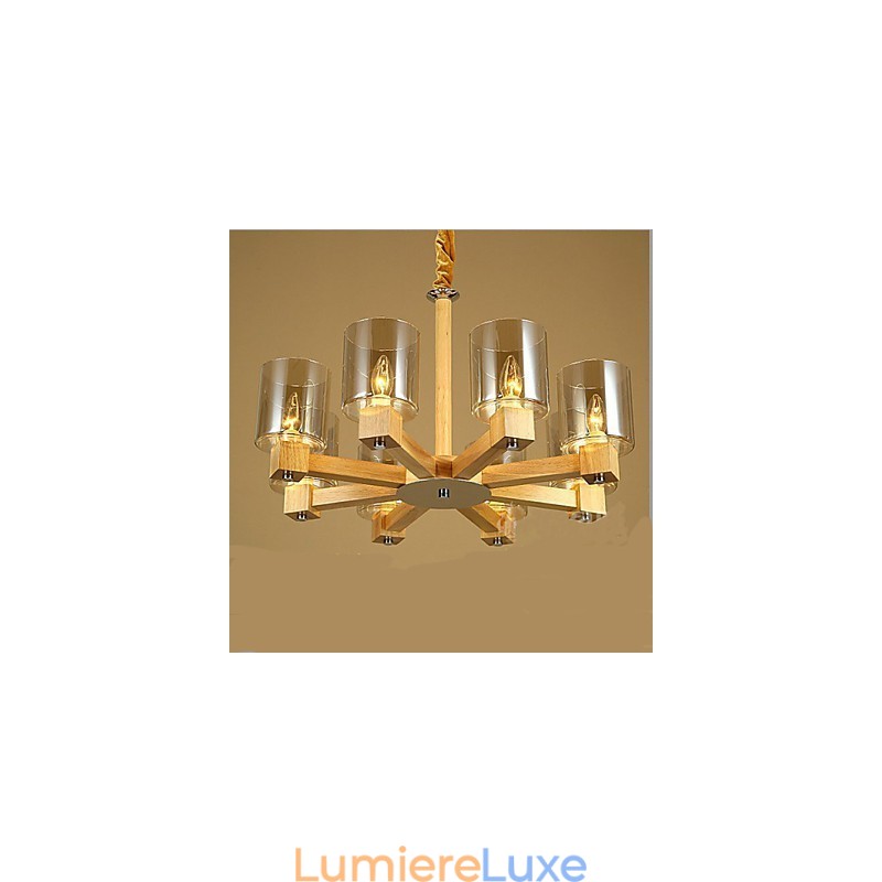 Lampe à suspension tendance avec couvercle en bois et verre
