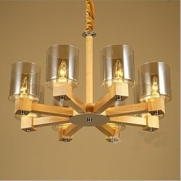 Lampe à suspension tendance avec couvercle en bois et verre