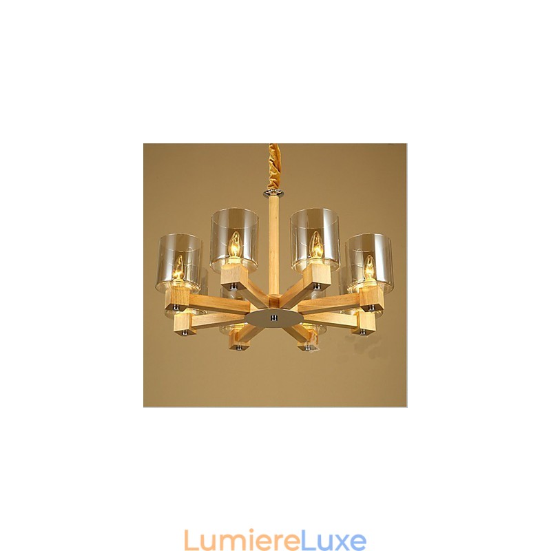 Lampe à suspension tendance avec couvercle en bois et verre
