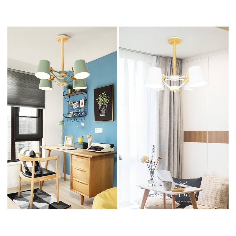 Lustre vintage en métal et bois à 4 lumières multicolores style macaron