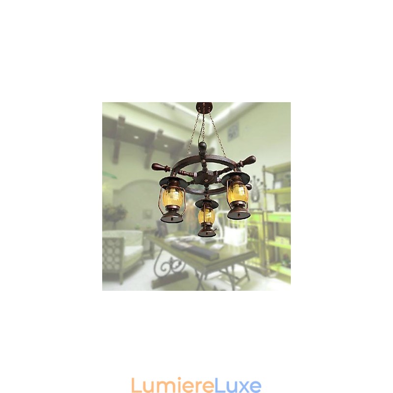 Lustre rétro en bois et bambou peint