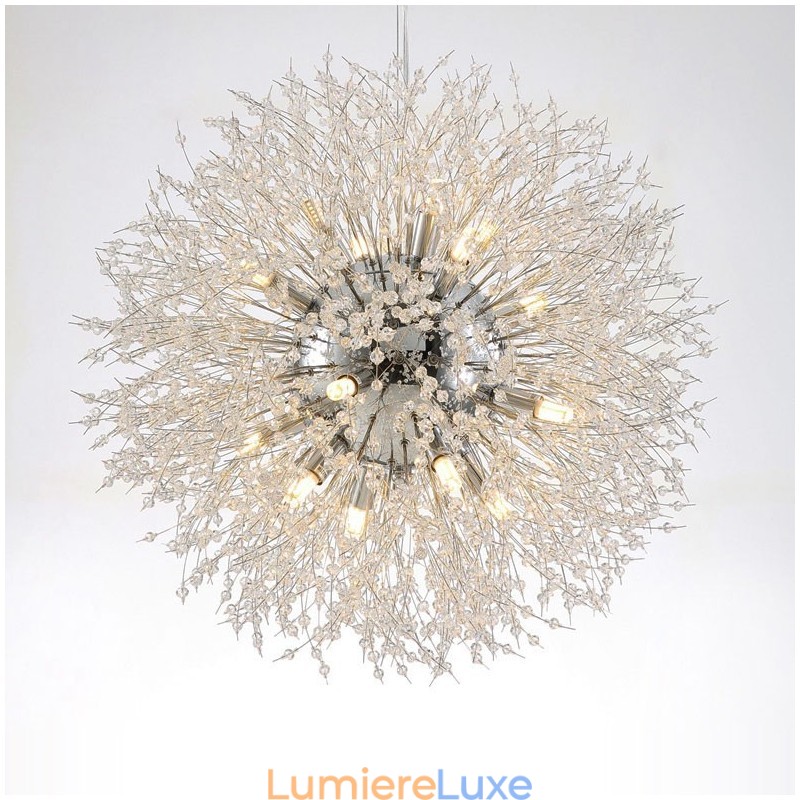 Lustre en métal et cristal chromé avec globe de feu d'artifice et pissenlit