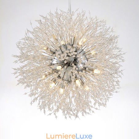 Lustre en métal et cristal chromé avec globe de feu d'artifice et pissenlit Lustre en métal et cristal chromé avec globe de feu d'artifice et pissenlit