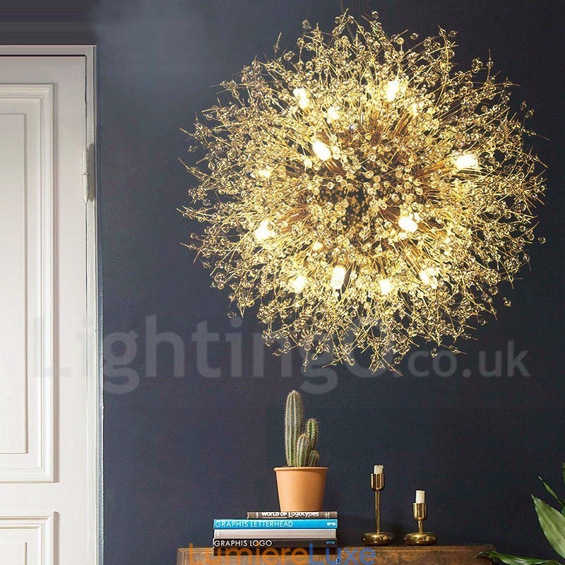 Lustre en métal et cristal chromé avec globe de feu d'artifice et pissenlit