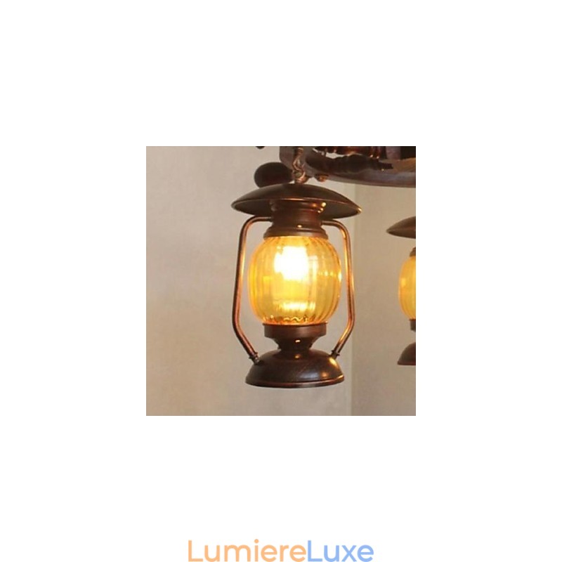 Lustre rétro en bois et bambou peint