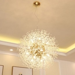 Lustre en métal et cristal chromé avec globe de feu d'artifice et pissenlit