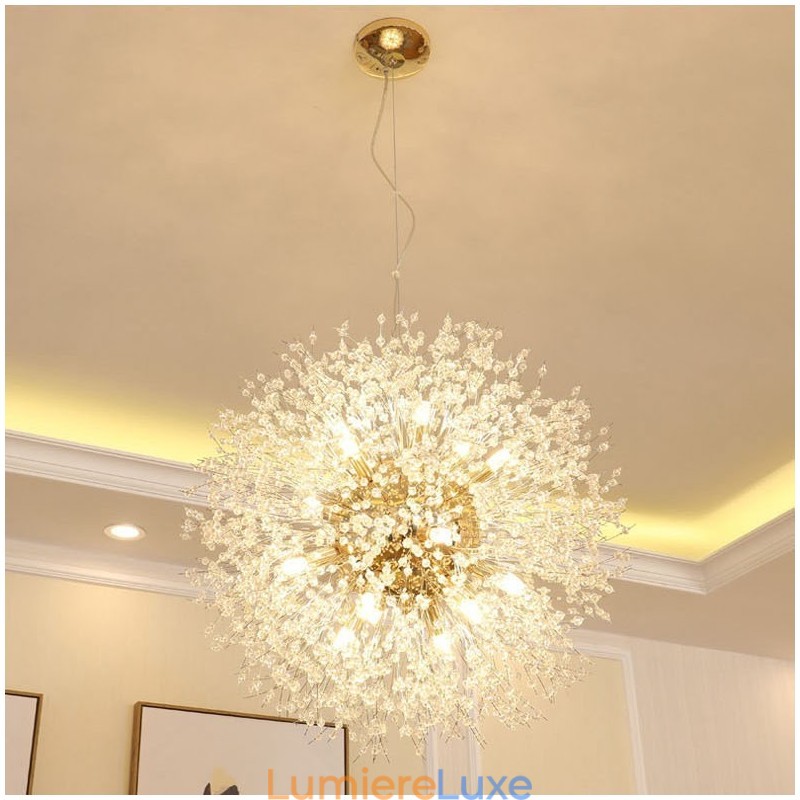 Lustre en métal et cristal chromé avec globe de feu d'artifice et pissenlit