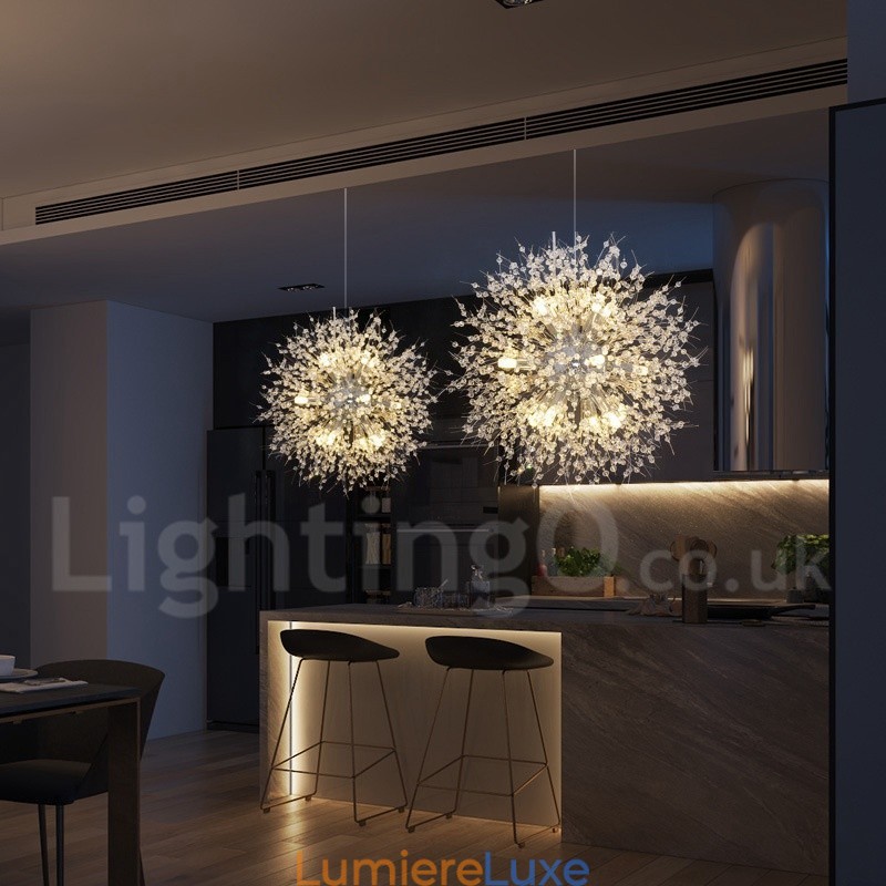 Lustre en métal et cristal chromé avec globe de feu d'artifice et pissenlit