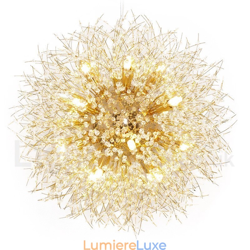 Lustre en métal et cristal chromé avec globe de feu d'artifice et pissenlit