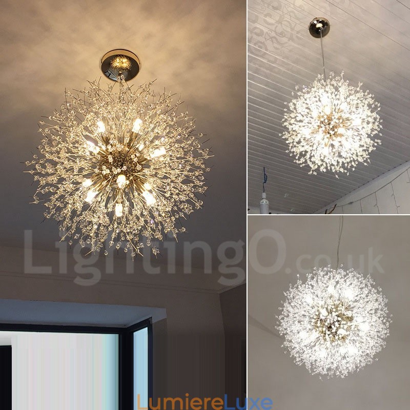 Lustre en métal et cristal chromé avec globe de feu d'artifice et pissenlit