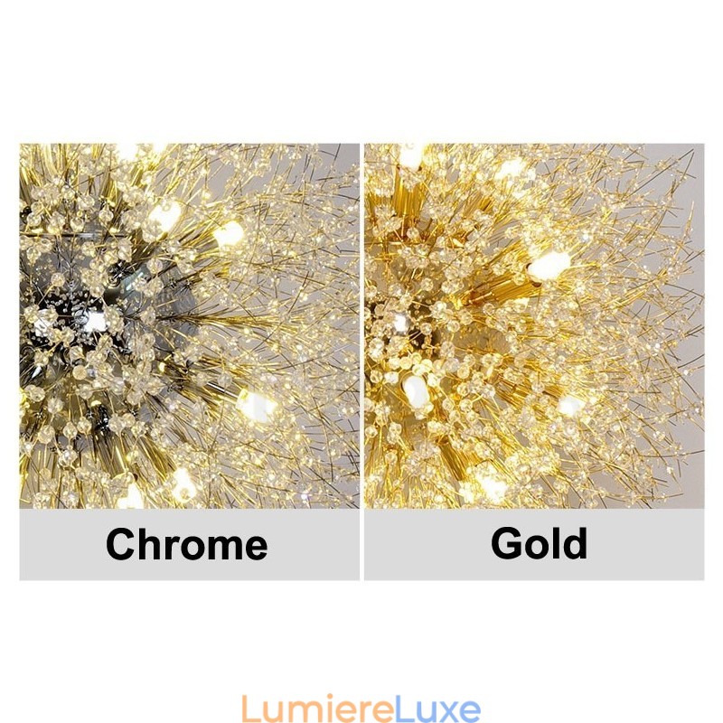 Lustre en métal et cristal chromé avec globe de feu d'artifice et pissenlit