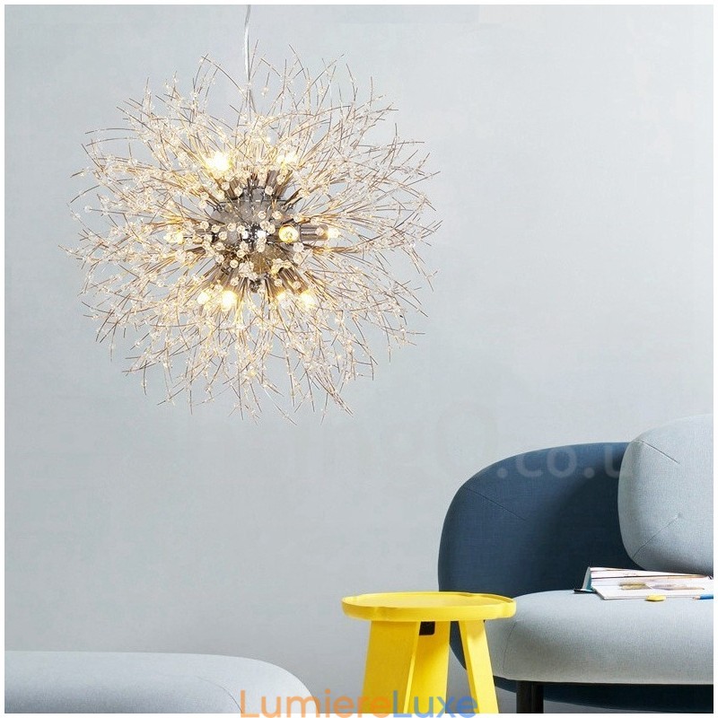 Lustre en métal et cristal chromé avec globe de feu d'artifice et pissenlit