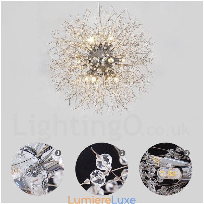 Lustre en métal et cristal chromé avec globe de feu d'artifice et pissenlit