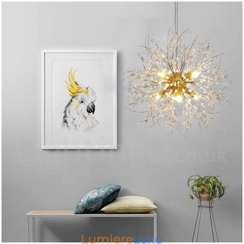 Lustre en métal et cristal chromé avec globe de feu d'artifice et pissenlit