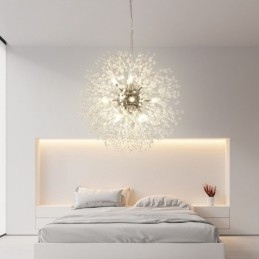 Lustre en métal et cristal chromé avec globe de feu d'artifice et pissenlit