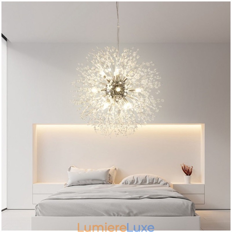 Lustre en métal et cristal chromé avec globe de feu d'artifice et pissenlit