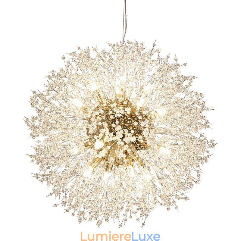 Lustre en métal et cristal chromé avec globe de feu d'artifice et pissenlit