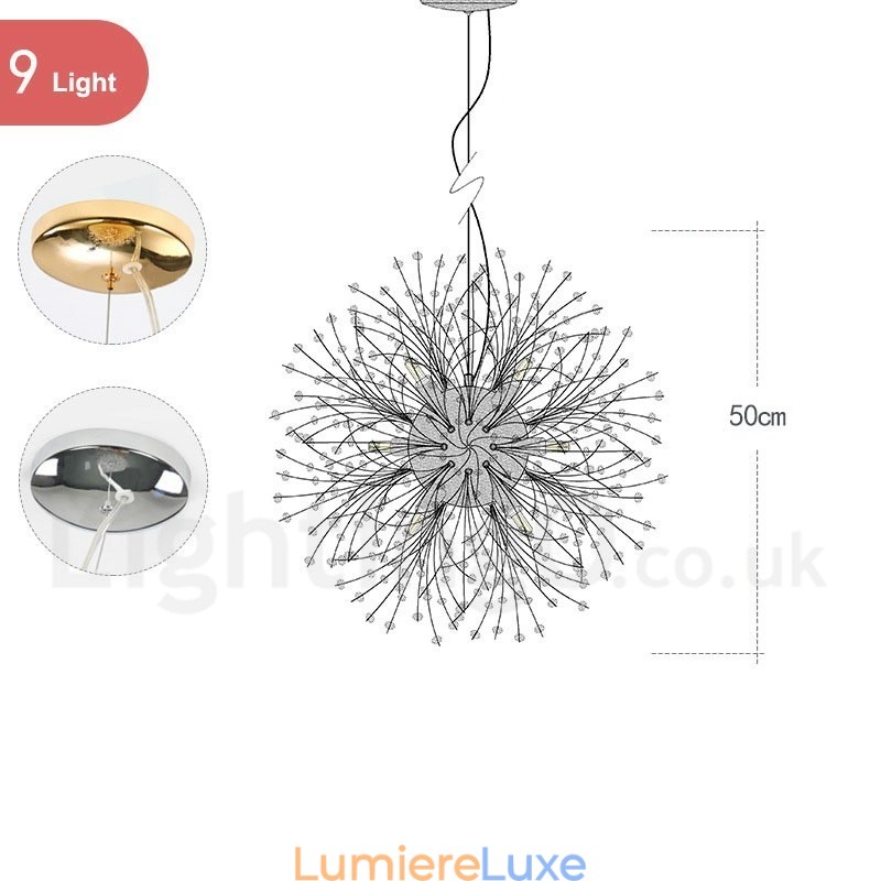 Lustre en métal et cristal chromé avec globe de feu d'artifice et pissenlit