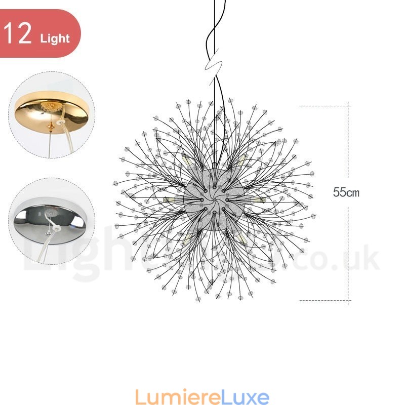 Lustre en métal et cristal chromé avec globe de feu d'artifice et pissenlit