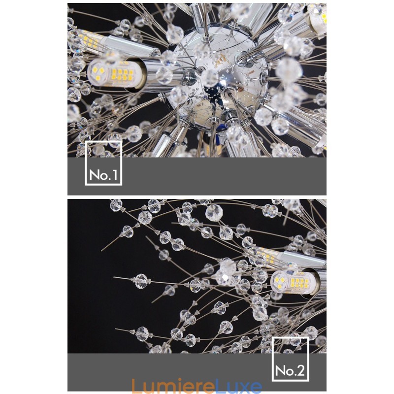 Lustre en métal et cristal chromé avec globe de feu d'artifice et pissenlit