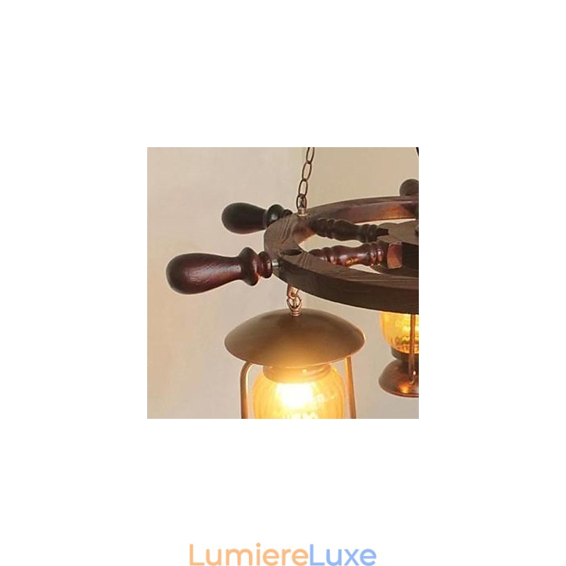 Lustre rétro en bois et bambou peint
