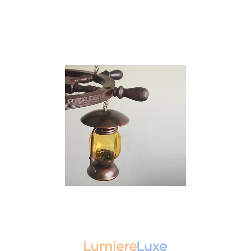 Lustre rétro en bois et bambou peint