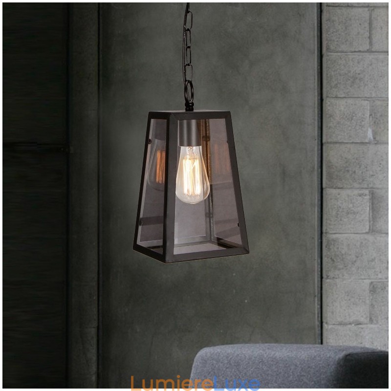 Suspension vintage en métal avec abat-jour en verre