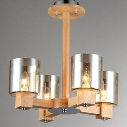 Lustre moderne contemporain en bois à 4 lumières de style nordique avec abat-jour en verre