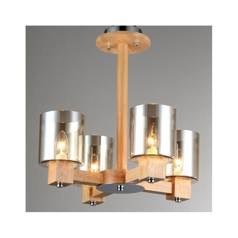 Lustre moderne contemporain en bois à 4 lumières de style nordique avec abat-jour en verre