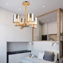 Lustre moderne contemporain en bois à 4 lumières de style nordique avec abat-jour en verre