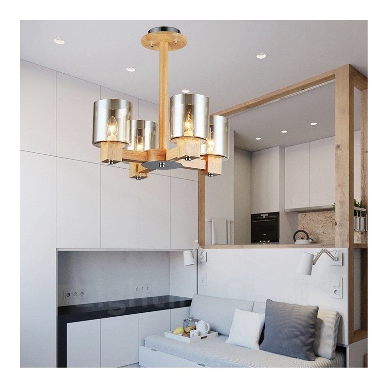 Lustre moderne contemporain en bois à 4 lumières de style nordique avec abat-jour en verre